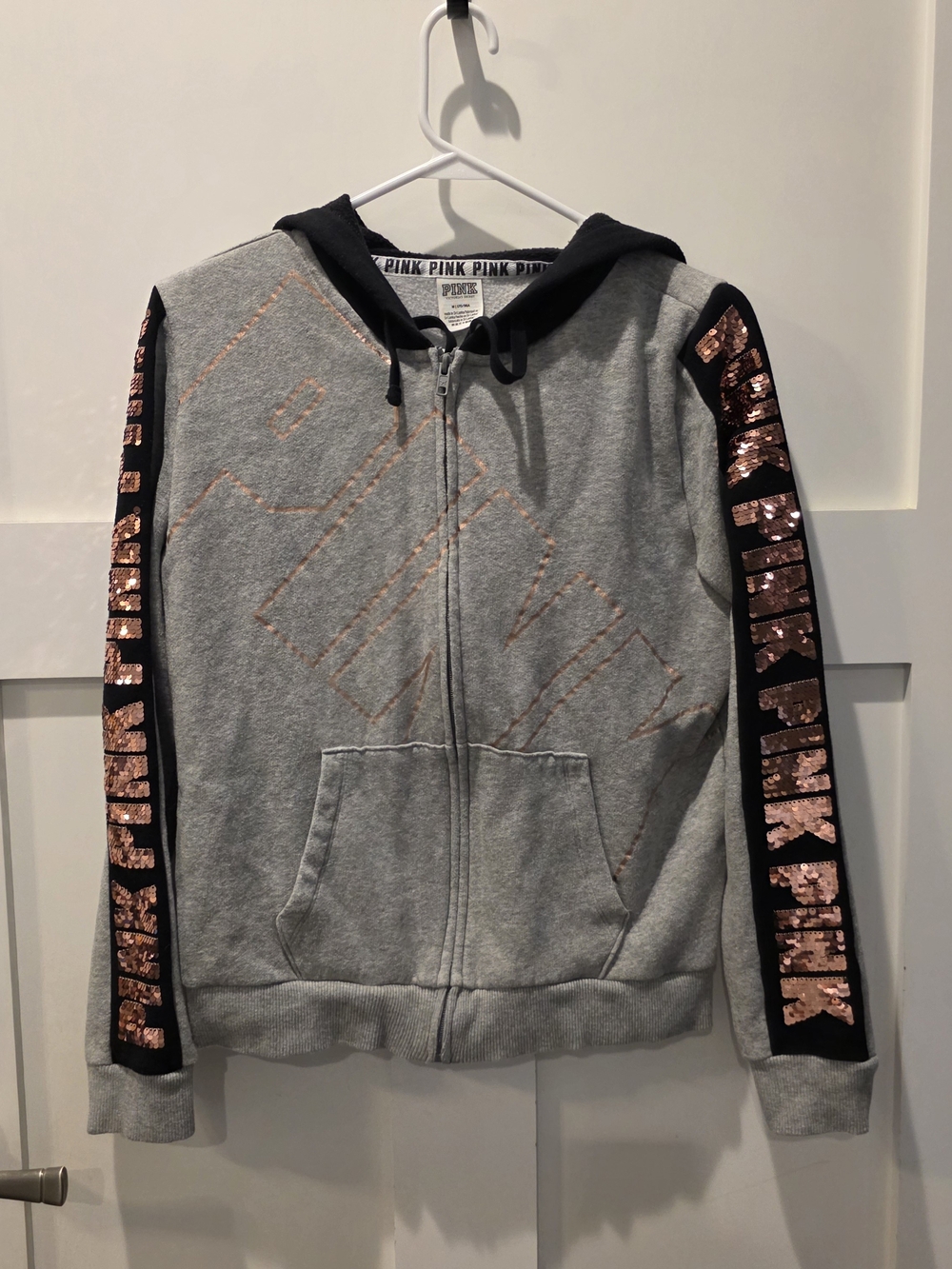 Victorias Secret Team Pink Sequin Hoodie Full Zip Appliqué Sleeve M Bling Y2K